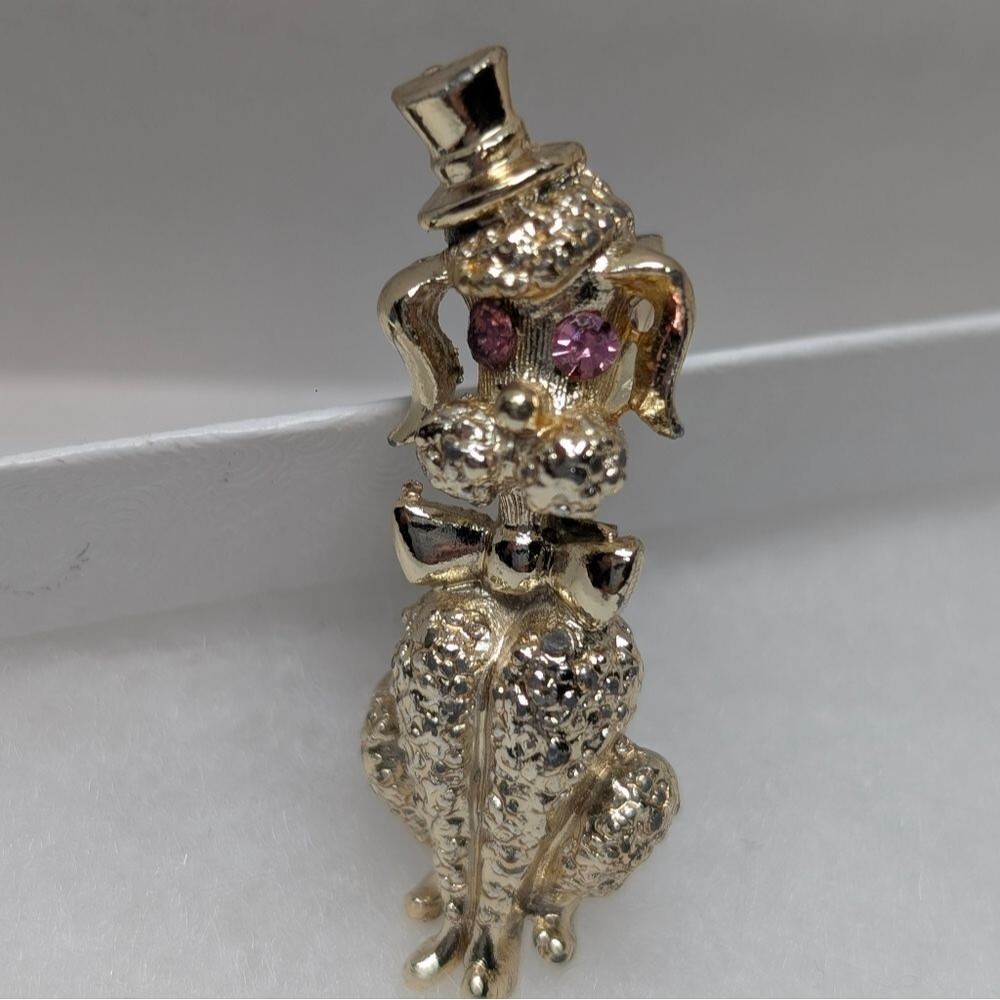 Vintage Poodle Brooch Pair Rhinestone Dog Pins Gold Silver Figural Grandmacore - Picture 5 of 11